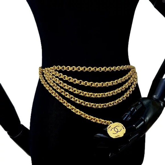 Authentic CHANEL 1994 Vintage charm medallion quadruple chain belt 90cm